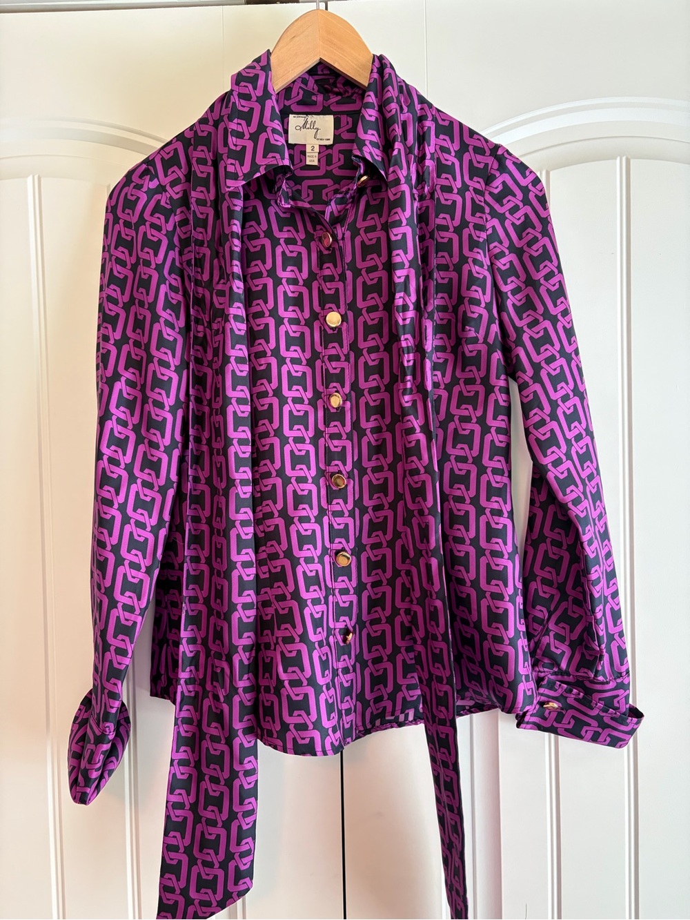 Milly 100% Silk Women's Long Sleeve Button Down Blouse Tie Neckline Sz 2 Purple